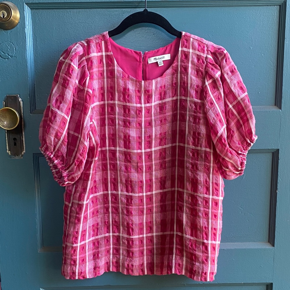 Madewell pink & white checkered blouse.